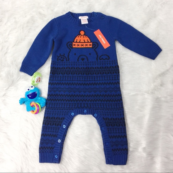NWT Joe Fresh Baby Boys Bear Sweater Button Romper - Picture 2 of 6